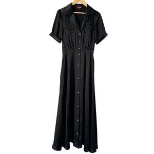 Staud dress Black Satin like Button-Up cuff sleeve flap chest pockets modest 4